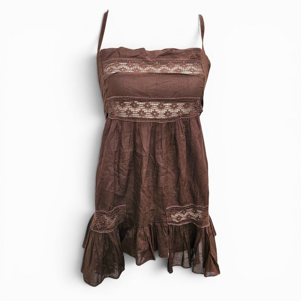 Y2k Euro Brown Cami Top Fairycore Tie-Back Cotton - Small